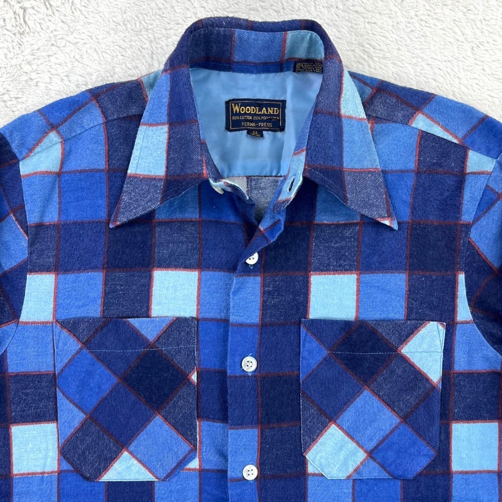 Vintage Woodland Flannel Shirt Men's‎ Small Blue Plaid Long Sleeve Dagger Collar